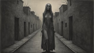 Painting made by John Kenn Mortensen, undead female in dark alley, hollow one, masterpiece, fever dream, unsettling feel, RAW, high_resolution, detailed background, pencil sketch, landscape