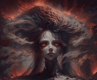 Female with flaming hair in the dark alley at night, perfect gif, masterpiece, animated_gif, detailed background, fire as hair, pov_eye_contact, photorealistic, fantasy00d, horror