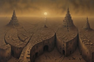 Painting made by Zdzislaw Beksinski, depressing view, victorian city, landspace, masterpiece, megalophobia, acid trip, unsettling feel, oil painting on hardboard, saturated sepia colors, photorealistic, Beksinski,more detail XL,art by sargent
