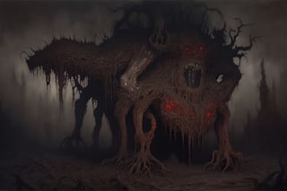 Painting made by Zdzislaw Beksinski, eldritch god abomination, masterpiece, megalophobia, acid trip, unsettling feel, oil painting on hardboard, sepia colors, fear of unknown