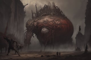 Painting made by Zdzislaw Beksinski, david and goliath, masterpiece, megalophobia, acid trip, perfect_loop, unsettling feel, oil painting on hardboard, sepia colors