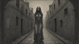 Painting made by John Kenn Mortensen, undead female in dark alley, hollow one, masterpiece, fever dream, unsettling feel, RAW, high_resolution, detailed background, pencil sketch, landscape