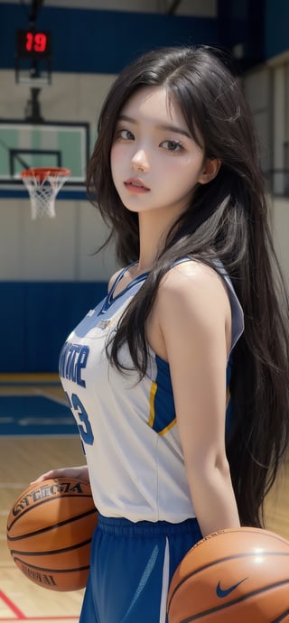 masterpiece, best quality, highly detailed, long hair, photorealistic, breasts, basketball outfit