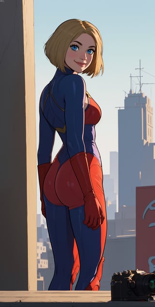 kara, short blonde hair,  blue eyes, smiling, 
blue body suit, S (symbol\), red gloves, 
standing, solo,  
morning, metropolis city,  
 (insanely detailed, beautiful detailed face, masterpiece, best quality), ass, butt, looking_at_viewer, looking_at_camera