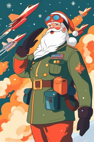 chritmas, santa claus, portrait, goggles, flightsuit, pilot, military_uniform, salute, handsome, gift missiles, gift projecting with fire, pine tree shaped fighter aircraft , flat vector, vector, flat colouring, illustration, 