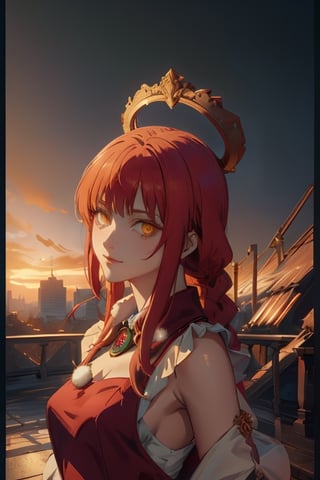 Christmas red dress, donut halo, masterpiece, best quality, illustration, hyper detailed, HD, Professional Lighting, Physically Based Rendering, Cinematic Lighting, accurate anatomy. Radiant colors, intense colors, yellow eyes, red hair, mysterious smile, looking at viewer, facing viewer, anime key visual, dramatic lighting, golden hour, csm anime style, grimdark, anime, manga style, digital painting, pixiv, artstation, semirealistic, intricate details, hires, masterpiece, best quality, absurdres, 
perfecteyes,makimacsm,csm anime style, half body