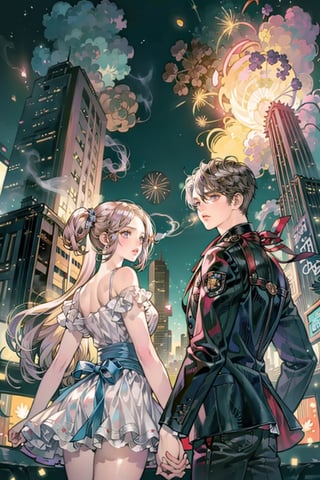 BOTTOM VIEW, 1boy and 1girls holding hands, looking each other, ((many fireworks, sparks, smoke explode on the city skyline)), dark night,cyber_asia, purple light