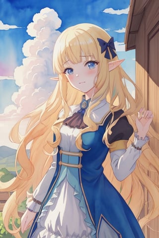 masterpiece,best quality,asterpiece,beautiful,riyo (lyomsnpmp) (style),watercolor, anime, 2d, colourpencil line, blue sky and white clouds,Outdoor,The warm sunshine, 1 girl, elf, princess, dark lolita dress, gold hair, long blonde hair, perfect hands, cartoon, break, ink painting