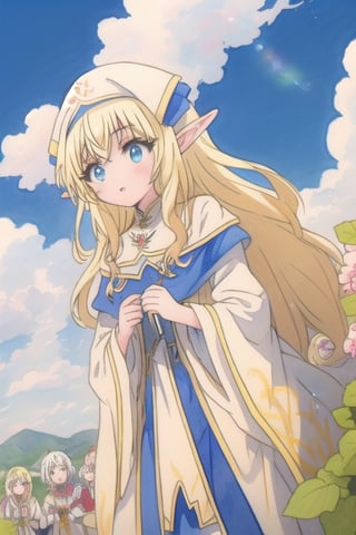 masterpiece,best quality,asterpiece,beautiful,riyo (lyomsnpmp) (style),watercolor, anime, 2d, colourpencil line, blue sky and white clouds,Outdoor,The warm sunshine, 1 girl, elf, princess, dark lolita dress, gold hair, long blonde hair, perfect hands, cartoon,priestess,EpicArt
