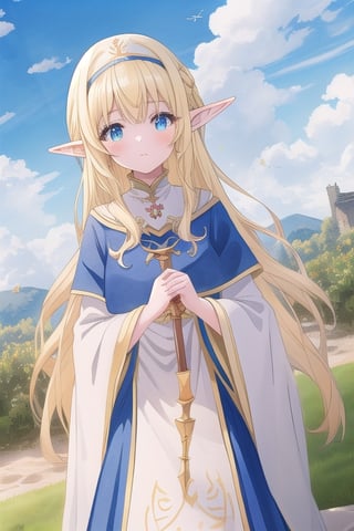 masterpiece,best quality,asterpiece,beautiful,extremely detailed CG unity 8k wallpaper,watercolor, anime, 2d, colourpencil line, blue sky and white clouds,Outdoor,The warm sunshine, 1 girl, elf, princess, dark dress, gold hair, long blonde hair, perfect hands, cartoon,priestess
