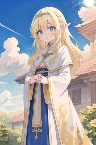 masterpiece,best quality,asterpiece,beautiful,riyo (lyomsnpmp) (style),watercolor, anime, 2d, colourpencil line, blue sky and white clouds,Outdoor,The warm sunshine, 1 girl, elf, princess, dark dress, gold hair, long blonde hair, perfect hands, cartoon,priestess,EpicArt