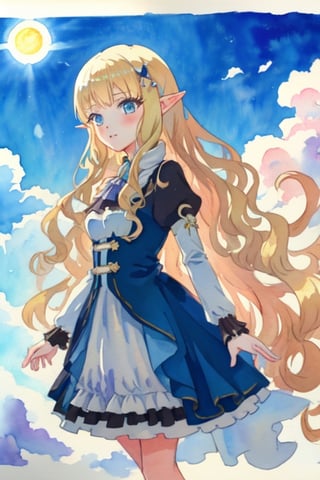 masterpiece,best quality,asterpiece,beautiful,riyo (lyomsnpmp) (style),watercolor, anime, 2d, colourpencil line, blue sky and white clouds,Outdoor,The warm sunshine, 1 girl, elf, princess, dark lolita dress, gold hair, long blonde hair, perfect hands, cartoon, break, ink painting,EpicArt