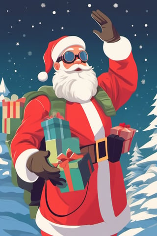 chritmas, santa claus, portrait, goggles, flightsuit, pilot, military_uniform, salute, handsome,  (flying pine trees), same direction trees, dropping gifts, gift projectiles,flat vector, vector, flat colouring, illustration, 