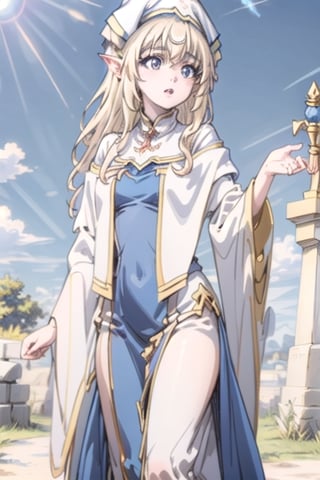 masterpiece,best quality,asterpiece,beautiful,extremely detailed CG unity 8k wallpaper,watercolor, anime, 2d, colourpencil line, blue sky and white clouds,Outdoor,The warm sunshine, 1 girl, elf, princess, dark dress, gold hair, long blonde hair, perfect hands, cartoon,priestess