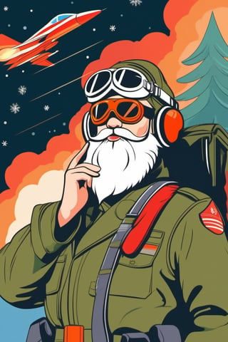 chritmas, santa claus, portrait, goggles, flightsuit, pilot, military_uniform, salute, handsome, gift missiles, gift projecting with fire, [pine tree | jet fighter ], flat vector, vector, flat colouring, illustration, 