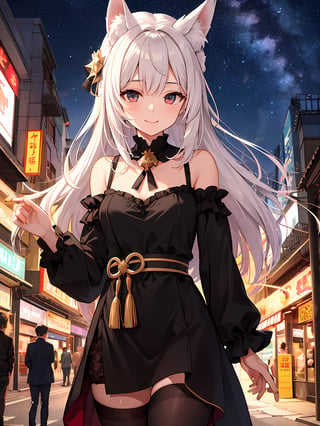 A woman looking into the sky, starry_sky, in the malioboro street, smile, amazing, midnight,masterpiece , erune, fox_ears, pulling viewer hand