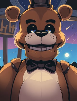 (finely best quality illustration:1.2), , (ultra-detailed, highres:1.0),.masterpiece,best quality,incredibly  detail eyes,shore, 

outdoors, starry_sky, scenery, midnight, ,masterpiece,cloudstick,incredibly absurdres,high detail eyes,, tall body

freddy, brown fur,freddy, animatronics,freddy fazbear