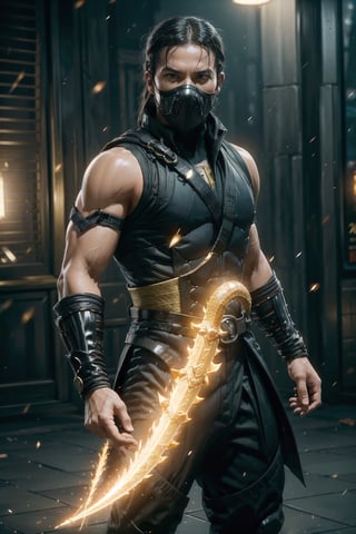 vibrant colors, male, masterpiece, sharp focus, best quality, depth of field, cinematic lighting, ((solo, one man )), (illustration, 8k CG, extremely detailed), masterpiece, ultra-detailed, Mr.Bro, wearing scorpion mortal kombat Suit, full in action,masterpiece