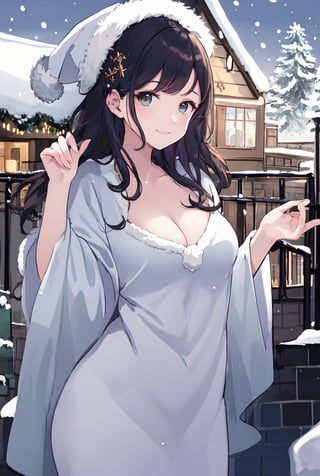Portrait of beautiful girl,
(finely best quality illustration:1.2), (kawaii girl:1.0), (1girl, 1man:1.0),   (medium breasts:1.0), (smile:0.8), (ultra-detailed, highres:1.0),.masterpiece,best quality,incredibly  detail eyes,shore, 

high detail eyes, show full body, nice body
, age 18,medium breasts, seductive face ,High detailed ,Wenny, wavy hair, long hair, wearing idol costume,masterpiece,incredibly absurdres,high detail eyes,, christmas, snow, outdoors, more_than_one_pose, nice background, building santa house
