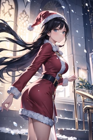 vibrant colors, female, masterpiece, sharp focus, best quality, depth of field, cinematic lighting, ((solo, one man )), (illustration, 8k CG, extremely detailed), masterpiece, ultra-detailed, in a burst of energy and radiance, a santa girl with her vibrant presence. The detailed illustration captures the spirit of christmas, exuding both grace and enthusiasm,
dressed in the spirited colors of her santa uniform, she moves with precision and elegance. The backdrop echoes the energy of a spirited crowd on christmas,  Her captivating presence shines through, making her the focal point in this moment of christmas event radiance, the illustration paints a dazzling portrait of a beautiful girl in motion,  creating a scene filled with energy and beauty, snowing condition on the city, cute female, Black hair, long hair, Wenny.