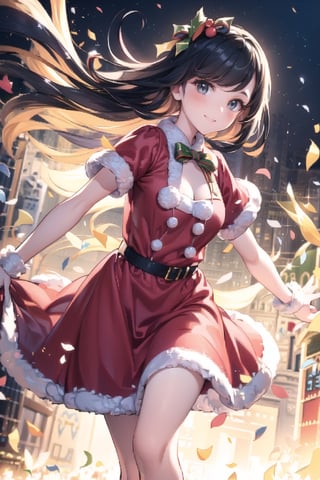 vibrant colors, female, masterpiece, sharp focus, best quality, depth of field, cinematic lighting, ((solo, one man )), (illustration, 8k CG, extremely detailed), masterpiece, ultra-detailed, in a burst of energy and radiance, a santa girl with her vibrant presence. The detailed illustration captures the spirit of christmas, exuding both grace and enthusiasm,
dressed in the spirited colors of her santa uniform, she moves with precision and elegance. The backdrop echoes the energy of a spirited crowd on christmas,  Her captivating presence shines through, making her the focal point in this moment of christmas event radiance, the illustration paints a dazzling portrait of a beautiful girl in motion,  creating a scene filled with energy and beauty, cute female, Black hair, long hair, Wenny.