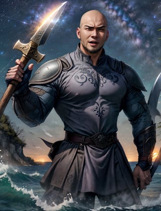 Portrait of Handsome man,
(finely best quality illustration:1.2), (Handsome man:1.0), (1man, solo:1.0), (smile:0.8), (ultra-detailed, highres:1.0),.masterpiece,best quality,incredibly  detail eyes,shore, 

Holding an Axe, galaxy sky, midnight

, at Nordic Sea, age 18,Viking, wearing Viking suit,  ,, Screaming face ,,High detailed , Bald,ded1, no hair, botaK