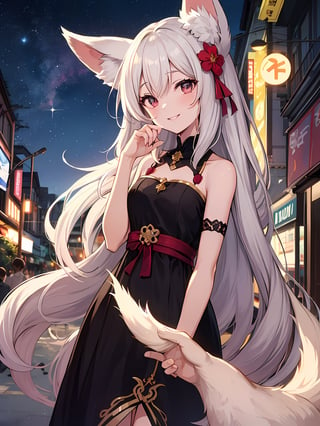 A woman looking into the sky, starry_sky, in the malioboro street, smile, amazing, midnight,masterpiece , erune, fox_ears, pulling viewer hand