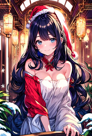 Portrait of beautiful girl,
(finely best quality illustration:1.2), (kawaii girl:1.0), (1girl, 1man:1.0),   (medium breasts:1.0), (smile:0.8), (ultra-detailed, highres:1.0),.masterpiece,best quality,incredibly  detail eyes,shore, 

high detail eyes, show full body, nice body
, age 18, medium breasts, seductive face ,High detailed ,Wenny, wavy hair, long hair, wearing idol costume,masterpiece,incredibly absurdres,high detail eyes,,  snow, indoors, more_than_one_pose, nice background, black hair, no sleeves, big smile,, short skirt,transparent blouse, santa costume,incoming hug,midjourney, black thigh high, bare_shoulders , christmas