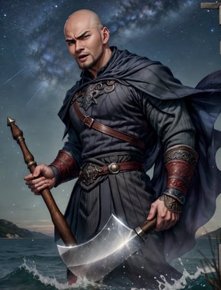 Portrait of Handsome man,
(finely best quality illustration:1.2), (Handsome man:1.0), (1man, solo:1.0), (smile:0.8), (ultra-detailed, highres:1.0),.masterpiece,best quality,incredibly  detail eyes,shore, 

Holding an Axe, galaxy sky, midnight

, at Nordic Sea, age 18,Viking, wearing Viking suit,  ,, Screaming face ,,High detailed , Bald,ded1, no hair, botaK