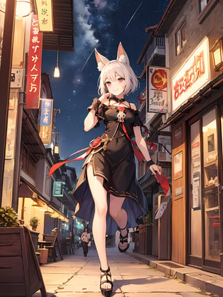 A woman looking into the sky, starry_sky, in the malioboro street, smile, amazing, midnight,masterpiece , erune, fox_ears, pulling viewer hand, running