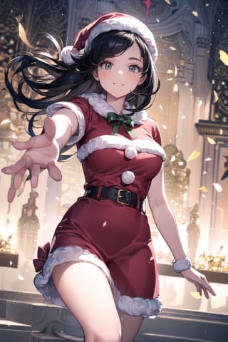 vibrant colors, female, masterpiece, sharp focus, best quality, depth of field, cinematic lighting, ((solo, one man )), (illustration, 8k CG, extremely detailed), masterpiece, ultra-detailed, in a burst of energy and radiance, a santa girl with her vibrant presence. The detailed illustration captures the spirit of christmas, exuding both grace and enthusiasm,
dressed in the spirited colors of her santa uniform, she moves with precision and elegance. The backdrop echoes the energy of a spirited crowd on christmas,  Her captivating presence shines through, making her the focal point in this moment of christmas event radiance, the illustration paints a dazzling portrait of a beautiful girl in motion,  creating a scene filled with energy and beauty, cute female, Black hair, long hair, Wenny.,Wenny,masterpiece,best quality