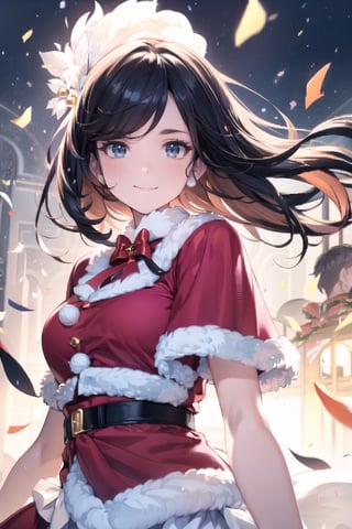 vibrant colors, female, masterpiece, sharp focus, best quality, depth of field, cinematic lighting, ((solo, one man )), (illustration, 8k CG, extremely detailed), masterpiece, ultra-detailed, in a burst of energy and radiance, a santa girl with her vibrant presence. The detailed illustration captures the spirit of christmas, exuding both grace and enthusiasm,
dressed in the spirited colors of her santa uniform, she moves with precision and elegance. The backdrop echoes the energy of a spirited crowd on christmas,  Her captivating presence shines through, making her the focal point in this moment of christmas event radiance, the illustration paints a dazzling portrait of a beautiful girl in motion,  creating a scene filled with energy and beauty, cute female, Black hair, long hair, Wenny.,Wenny,masterpiece,best quality