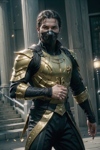 vibrant colors, male, masterpiece, sharp focus, best quality, depth of field, cinematic lighting, ((solo, one man )), (illustration, 8k CG, extremely detailed), masterpiece, ultra-detailed, Mr.Bro, wearing scorpion mortal kombat Suit, full in action,masterpiece