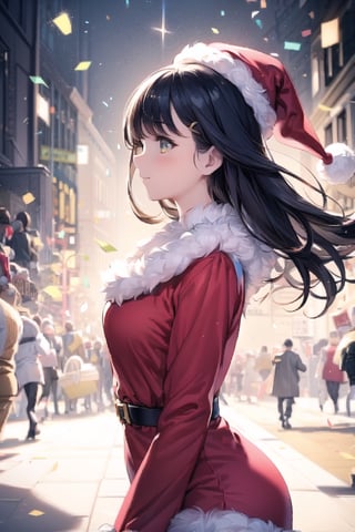 vibrant colors, female, masterpiece, sharp focus, best quality, depth of field, cinematic lighting, ((solo, one man )), (illustration, 8k CG, extremely detailed), masterpiece, ultra-detailed, in a burst of energy and radiance, a santa girl with her vibrant presence. The detailed illustration captures the spirit of christmas, exuding both grace and enthusiasm,
dressed in the spirited colors of her santa uniform, she moves with precision and elegance. The backdrop echoes the energy of a spirited crowd on christmas,  Her captivating presence shines through, making her the focal point in this moment of christmas event radiance, the illustration paints a dazzling portrait of a beautiful girl in motion,  creating a scene filled with energy and beauty, cute female, Black hair, long hair, Wenny.