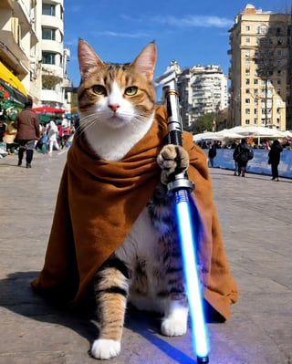 Cat become a jedi,
(finely best quality illustration:1.2), , (ultra-detailed, highres:1.0),.masterpiece,best quality,incredibly  detail eyes,shore, 

high detail eyes, nice background
, High detailed ,masterpiece,incredibly absurdres,high detail eyes,, christmas, snow, outdoors, more_than_one_pose, sunny day, random expression, city, massive people walking at city, city crowded,aw0k cat, star wars, jedi, standing cat, hold a light saber, hand like human