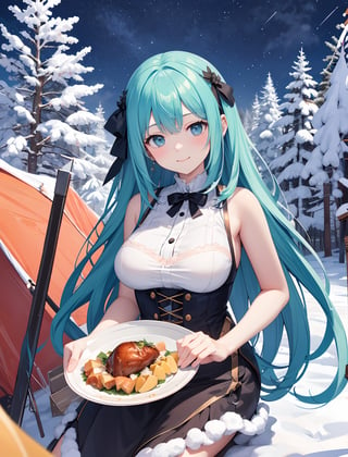(finely best quality illustration:1.2), (kawaii girl:1.0), (1girl, solo:1.0),   (big breasts:1.0), (smile:0.8), (ultra-detailed, highres:1.0),.masterpiece,best quality,incredibly  detail eyes,shore, 

outdoors, starry_sky, scenery, midnight, ,masterpiece,cloudstick,incredibly absurdres,high detail eyes,, camping on the christmas tree forest, falling_snow

,downblouse, extended downblouse,long hair,, blue hair, aqua hair, blomde hair, orange hair, red hair, dark brown hair, black hair, skirtuplift, princess_connect!, carries a plate of Thanksgiving turkey