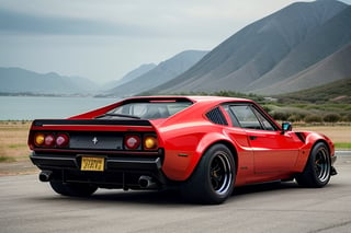 RAW phontograph of ferrari 288 gto with wide body kit,   dark sky,cool, asthetic, spoilers,full car in frame, full car picture, drift,highly detaited, 8k, 1000mp,ultra sharp, master peice, realistic,detailed grills, detailed headlights,4k grill, 4k headlights, rich city, dubai, great body kit