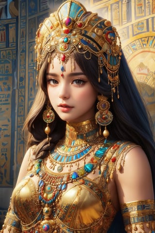 busty and sexy girl, 8k, masterpiece, ultra-realistic, best quality, high resolution, high definition, Beautiful ancient Egyptian lady, wearing sleeveless tunic worn, beautiful female figure,Long straight hair, ,ancient egyptian clothes,1 girl, (face portrait), Style: hyper-realistic, 8k Ultra HD, inspired by Pixar, Cinema 4D,Egypt,young girl,egyptian