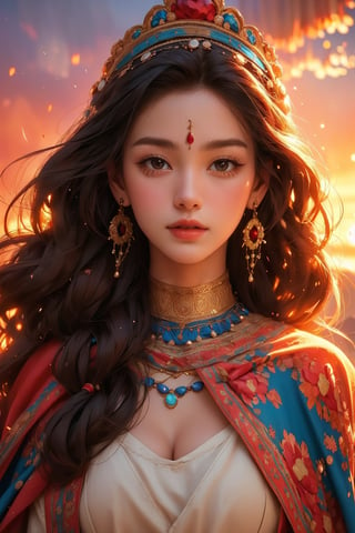 busty and sexy girl, 8k, masterpiece, ultra-realistic, best quality, high resolution, high definition, ancient Inca woman wearing a flowy cape on a mountain top, beautiful flawless face with glamourous makeup, dangling earrings, colorful headpiece, epic sunset, windy, depth of field,