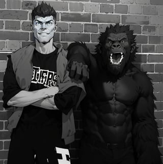 guy and gorilla,   (masterpiece, best quality:1.2), greyscale, midjourney, (monochrome:1.2), greyscale monochrome, boichi manga style,monochrome