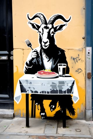 stencil graffiti artwork by Banksy, featuring anthropomorphic goat sittiang at the table and eating stake
