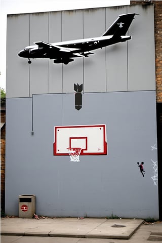 stencil graffiti artwork by Banksy, basketball backboard, military plane droped one bomb into backboard