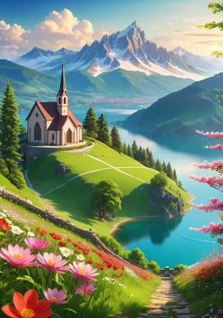 Masterpiece, best quality, high resolution, anime style, view from the top of the mountain, flowers blooming on the slopes, a large lake in the valley in front, a meadow surrounding the lake and a church next to it