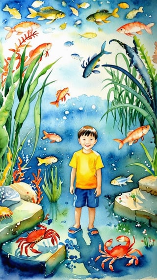 1 boy,solo,Asia boys,wonderful An child room full of water and a boy standing with a variety freshwater fishes,(freshwater area(crab,eel, shrimp, fish,)),(smile:1.2),shuicaixiaodian,watercolor \(medium\),shuicai