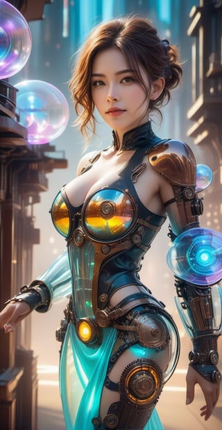 ((medium shot)), (RAW photo, best quality), (realistic, photo-Realistic:1.3), Imagine a beautiful cyborg with a translucent glowing glass body with colorful electronic lighting and clockwork completely visible through her translucent glass body walking through a futuristic city, flowy hair, fantasy, work of beauty and complexity, 8k UHD, hyperdetailed ultrarealistic face, hazel eyes ,cyborg style, glowing translucent glass, amber glow,steampunk style, glass body, 80mm digital photo , wide_hips, translucent seethrough glass like body,Leonardo Style,cyberpunk style, iridescent glow,glasstech,,smile, (oil shiny skin:1.0), (big_boobs:2.6), willowy, chiseled, (hunky:2.4),(( body rotation -35 degree)), (upper body:0.8),(perfect anatomy, prefecthand, dress, long fingers, 4 fingers, 1 thumb), 9 head body lenth, dynamic sexy pose, breast apart, (artistic pose of awoman),chrometech,Glass Elements,bubbleGL,steampunk