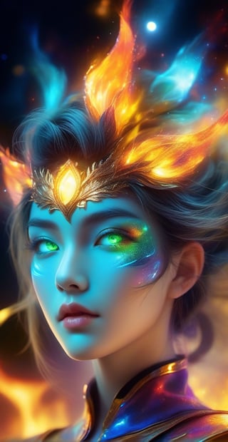 score_9, score_8_up, score_7_up, score_6_up, 1girl, solo, cosmic fire, human face, koling, cosmic, half open eyes, glowing eyes, magic eyes, glowing cheast, cosmic body, very cosmic hair, arms behind head,OverallDetail, smile,(oil shiny skin:1.0), (big_boobs:2.7), willowy, chiseled, (hunky:2.6),(( body rotation -90 degree)), (upper body:1.6),(perfect anatomy, prefecthand, dress, long fingers, 4 fingers, 1 thumb), 9 head body lenth, dynamic sexy pose, breast apart, (artistic pose of awoman),,abyssaltech ,dissolving,abyss,Clear Glass Skin,BrokenIR,Glass Elements,(Transperent Parts),more detail XL,minimalist hologram,starry sky,glow,fire element,composed of fire elements,xxmix_girl,DonMF1r3XL,DonMW15pXL,DonMD1g174l4sc3nc10nXL ,glitter,shiny,DonMD3m0nV31nsXL,demonic,Golden Warrior Mecha