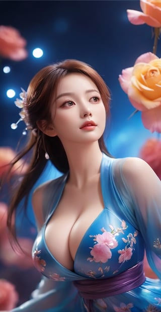 close up angle of (( floating on air)), ( rose petal) , detailed focus, deep bokeh, beautiful, dreamy colors, dark cosmic background. Visually delightful ,3D,more detail XL,dreamwave,More Detail,aesthetic,smile, (oil shiny skin:1.3), (big_boobs:3.2), willowy, chiseled, (hunky:3.5), body rotation 180 degree, (perfect anatomy, prefecthand, blue dress, long fingers, 4 fingers, 1 thumb), 9 head body lenth, dynamic sexy pose, breast apart, (cowbod shot:1.5), (artistic pose of awoman),daxiushan,daxiushan style