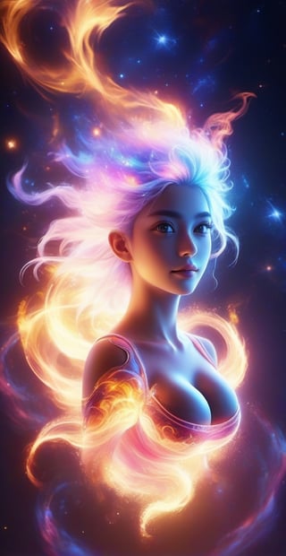 score_9, score_8_up, score_7_up, score_6_up, 1girl, solo, cosmic fire, human face, koling, cosmic, half open eyes, glowing eyes, magic eyes, glowing cheast, cosmic body, very cosmic hair, arms behind head,OverallDetail, smile,(oil shiny skin:1.0), (big_boobs:2.7), willowy, chiseled, (hunky:2.6),(( body rotation -90 degree)), (upper body:1.6),(perfect anatomy, prefecthand, dress, long fingers, 4 fingers, 1 thumb), 9 head body lenth, dynamic sexy pose, breast apart, (artistic pose of awoman),,abyssaltech ,dissolving,abyss,Clear Glass Skin,BrokenIR,Glass Elements,(Transperent Parts),more detail XL,minimalist hologram,starry sky,glow,fire element,composed of fire elements,xxmix_girl,DonMF1r3XL,DonMW15pXL,DonMD1g174l4sc3nc10nXL ,glitter,shiny