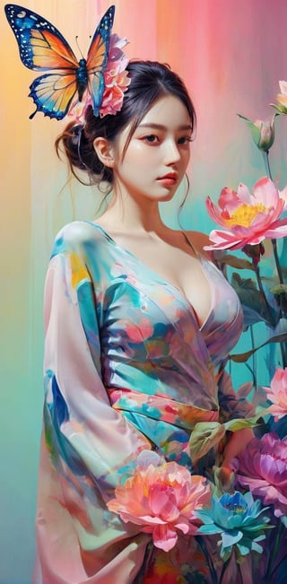 ((medium shot )) , (masterpiece:1.1),(highest quality:1.1),(HDR:1),ambient light,ultra-high quality,( ultra detailed original illustration),(1girl, upper body),((harajuku fashion)),((flowers with human eyes, flower eyes)),double exposure,fusion of fluid abstract art,glitch,(original illustration composition),(fusion of limited color, maximalism artstyle, geometric artstyle, butterflies, junk art),more detail XL,Perfect skin,Replay1988,xxmix_girl,close mouth,smile, (oil shiny skin:1.3), (huge_boobs:2), willowy, chiseled, (hunky:2.5), body turn 46 degree, (perfect anatomy, prefecthand, dress, long fingers, 4 fingers, 1 thumb), 9 head body lenth, dynamic sexy pose, breast apart, ((medium shot )), (artistic pose of a woman),NYFlowerGirl,crystalz,Toxic_Vision