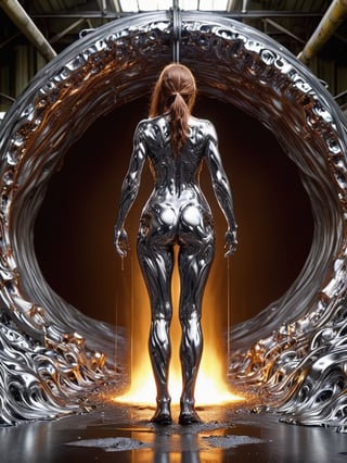 ral-chrome , female standing in molten metal, melting body ,ral-chrome, Cast iron factory background,upper_body,viewed_from_behind